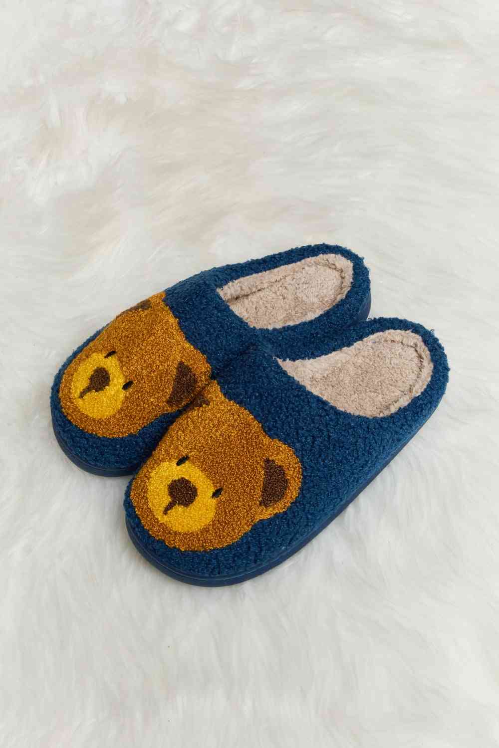 Melody Teddy Bear Print Plush Slide Slippers - shoes - Navy - Bella Bourget