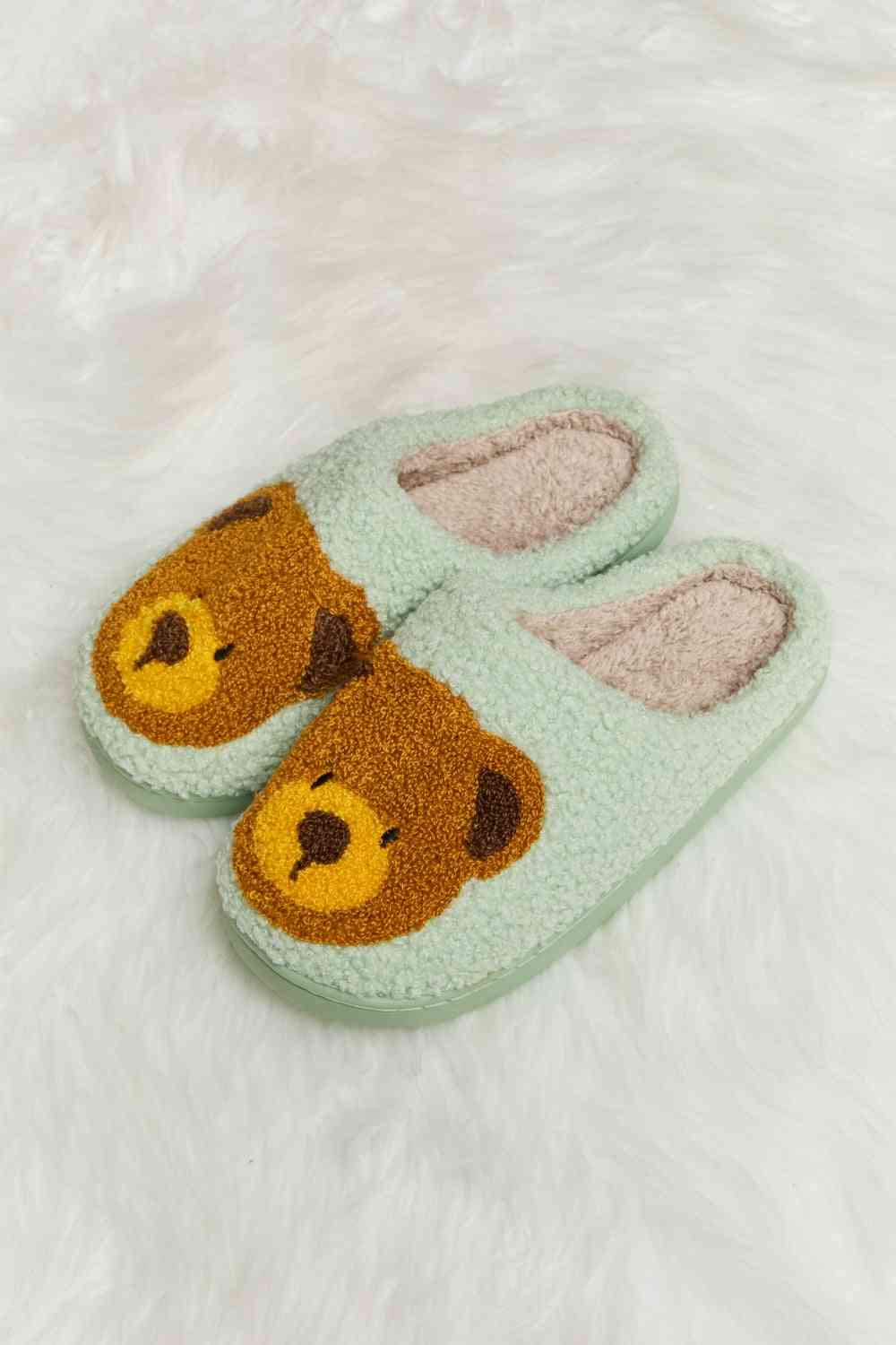 Melody Teddy Bear Print Plush Slide Slippers - shoes - Gum Leaf - Bella Bourget