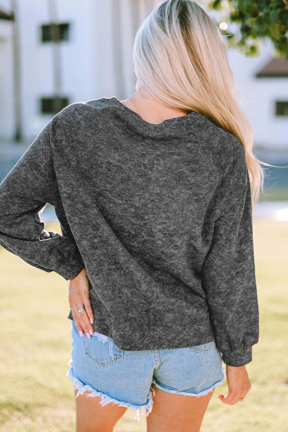 Mineral Washed COW'S FIRST RODEO Round Neck Raglan Sleeve Sweatshirt - Sweatshirt - Charcoal - Bella Bourget