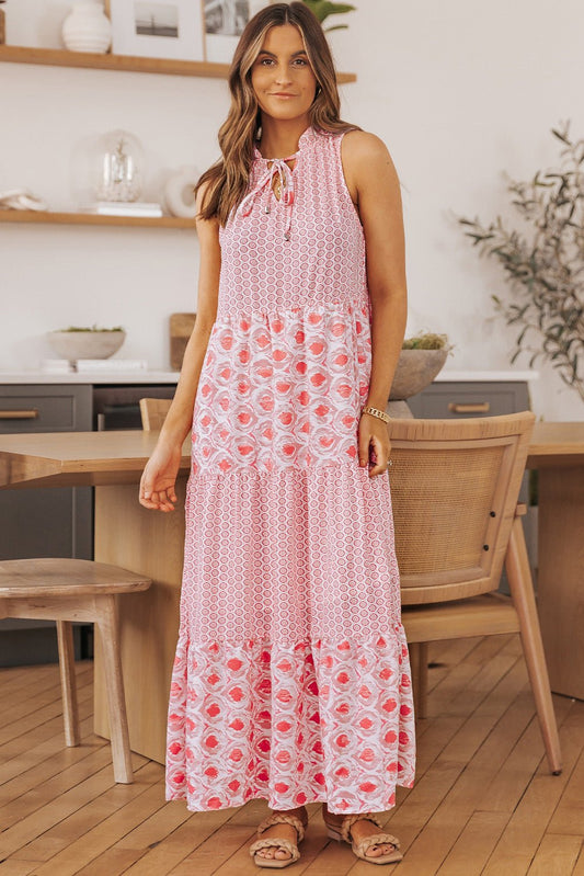 Mixed Print Tie - Neck Sleeveless Maxi Dress - Dress - Blush Pink - Bella Bourget