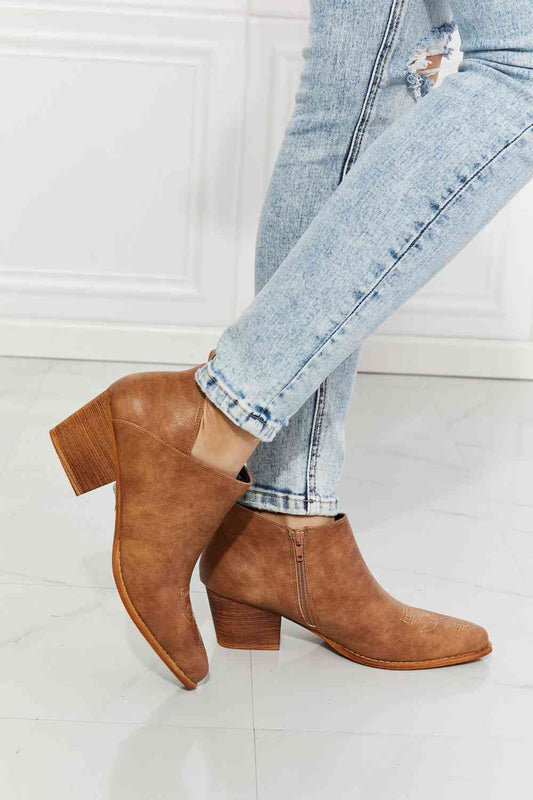 MMShoes Trust Yourself Embroidered Crossover Cowboy Bootie in Caramel - shoes - Caramel - Bella Bourget