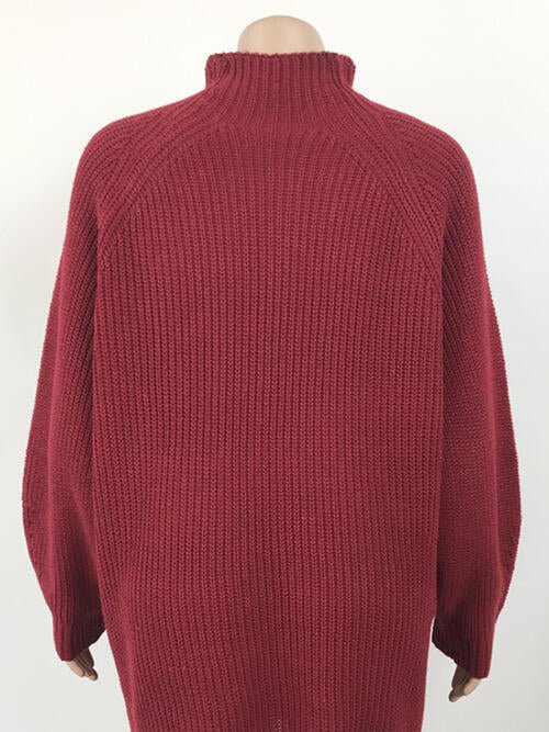 Mock Neck Dropped Shoulder Sweater Dress - Sweater Dress - Deep Red - Bella Bourget