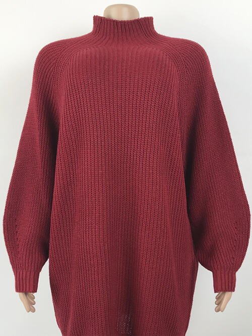 Mock Neck Dropped Shoulder Sweater Dress - Sweater Dress - Deep Red - Bella Bourget