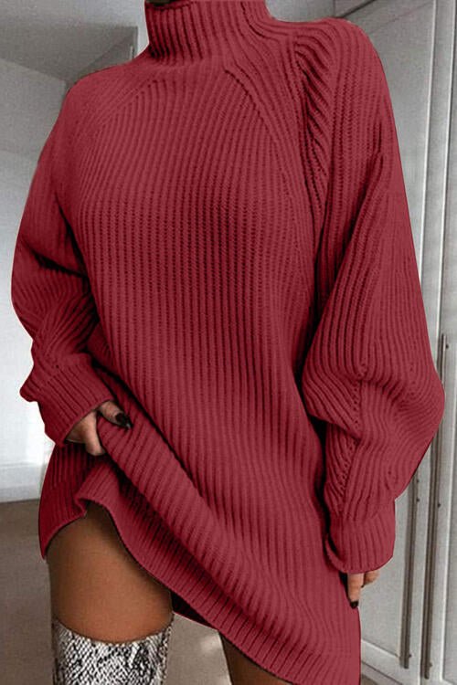 Mock Neck Dropped Shoulder Sweater Dress - Sweater Dress - Deep Red - Bella Bourget