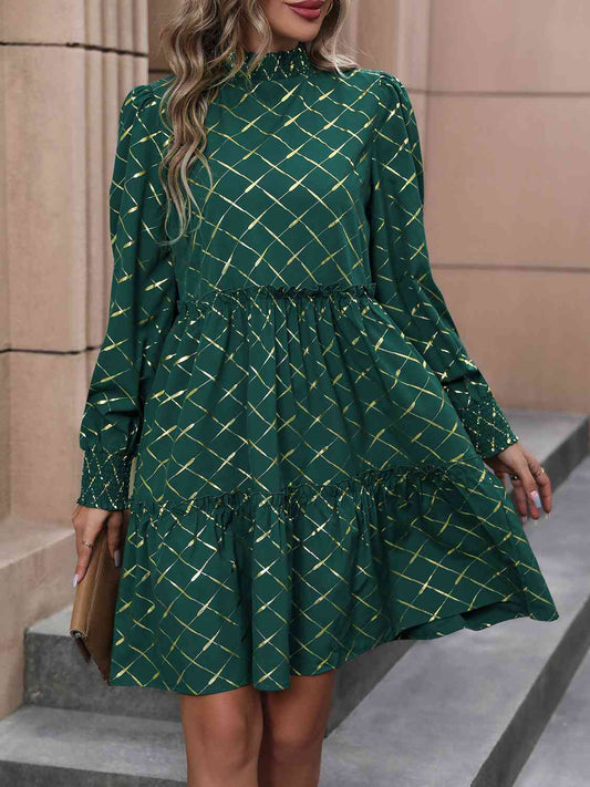 Mock Neck Frill Trim Mini Dress - Long Sleeve Day Dress - Green - Bella Bourget