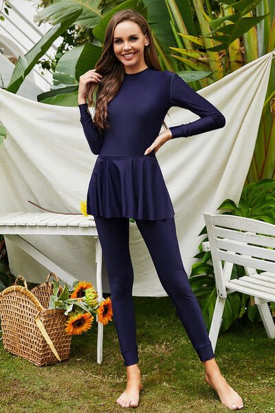 Mock Neck Long Sleeve One - Piece Swimwear - Modest Swimwear - Dark Navy - Bella Bourget