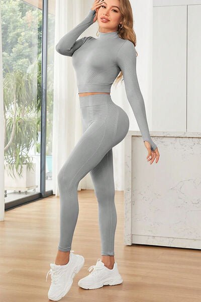 Mock Neck Long Sleeve Top and Leggings Active 2 - Piece Set - Active Set - Light Gray - Bella Bourget