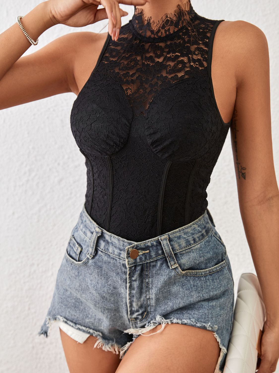 Mock Neck Sleeveless Lace Bodysuit - Bodysuit - Black - Bella Bourget