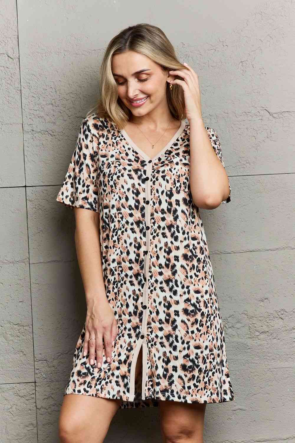 MOON NITE Quilted Quivers Button Down Sleepwear Dress - Dress - Leopard - Bella Bourget