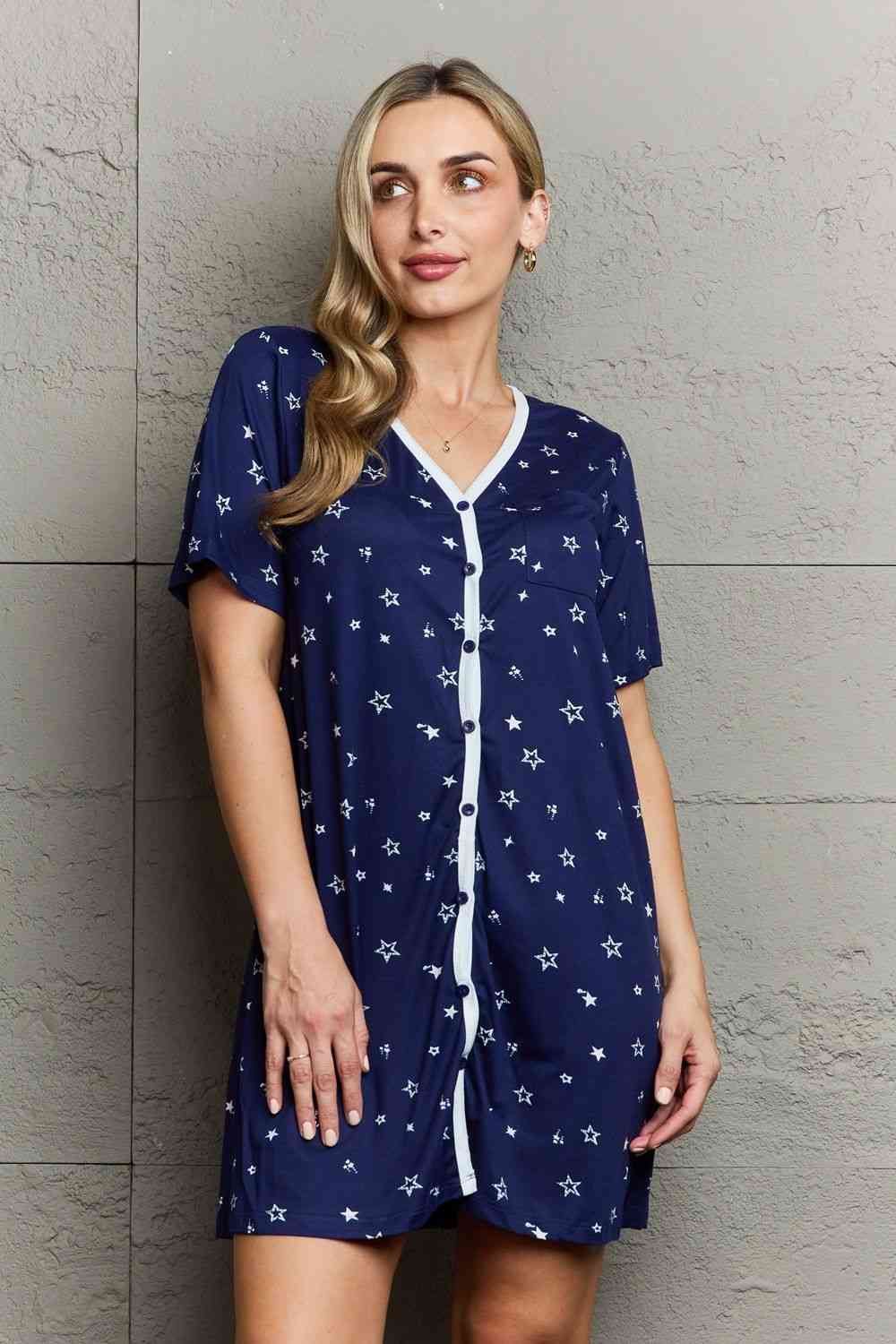 MOON NITE Quilted Quivers Button Down Sleepwear Dress - Dress - Navy - Bella Bourget