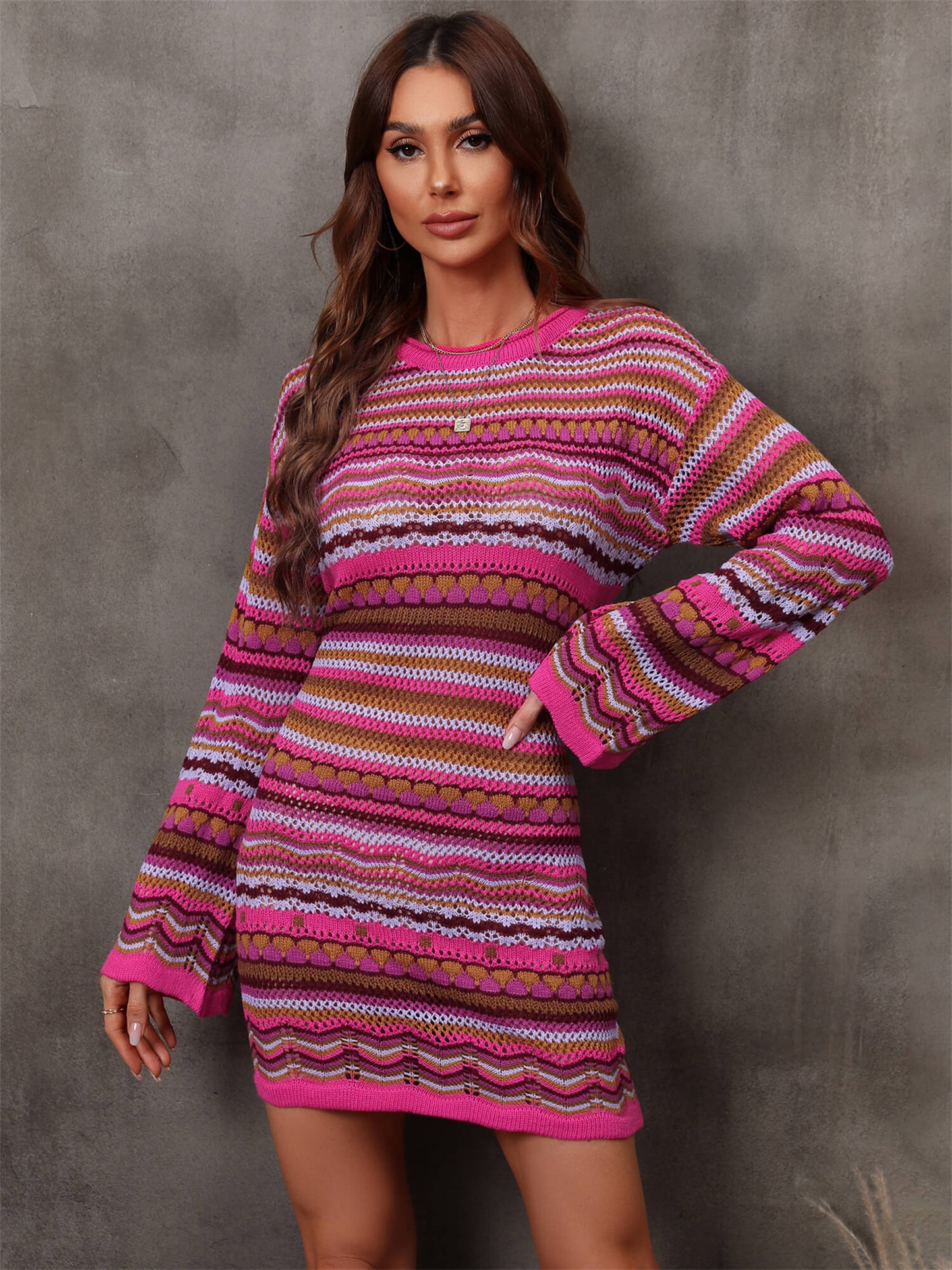 Multicolored Stripe Dropped Shoulder Sweater Dress - Dress - Fuchsia - Bella Bourget