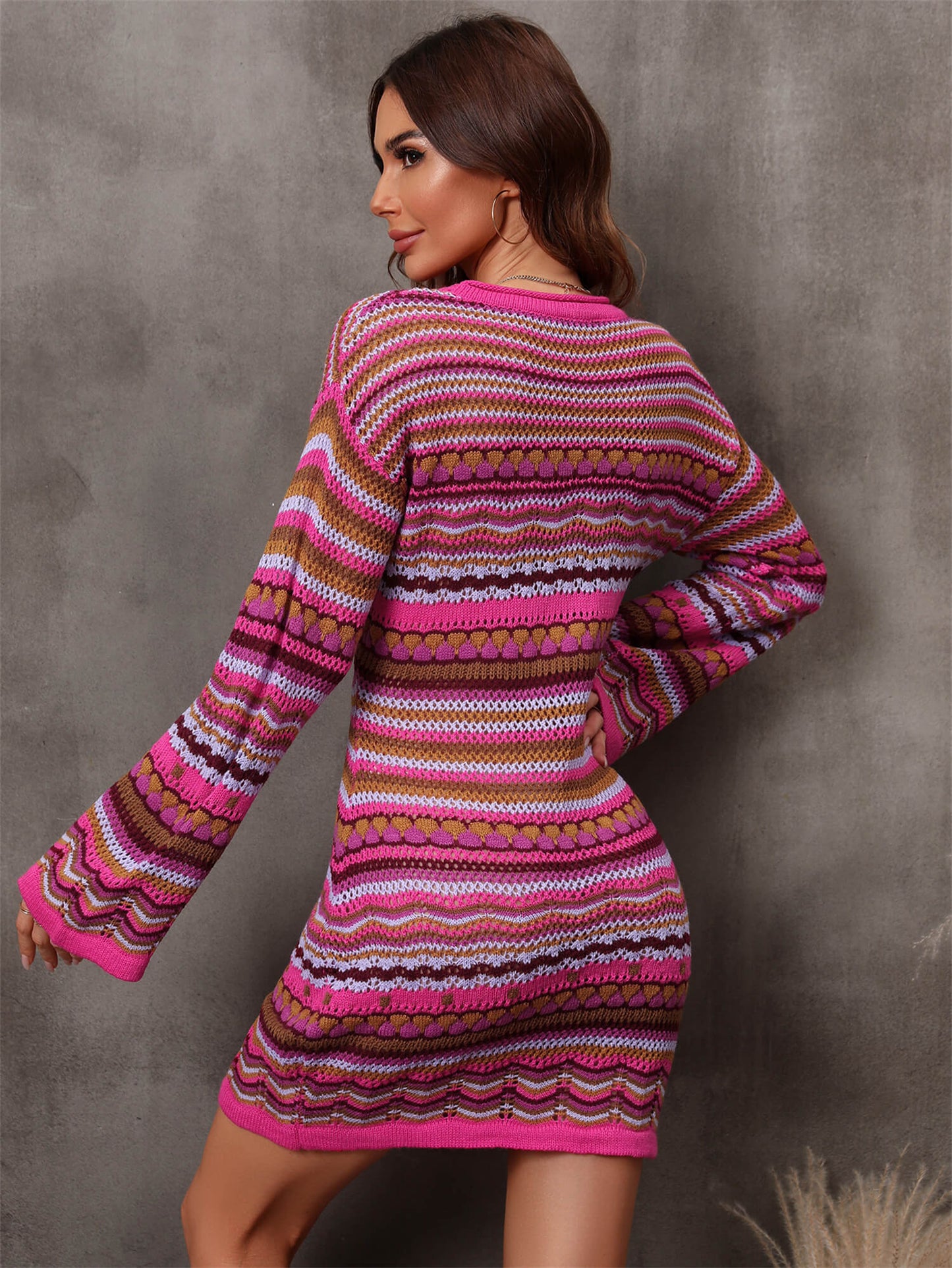 Multicolored Stripe Dropped Shoulder Sweater Dress - Dress - Fuchsia - Bella Bourget