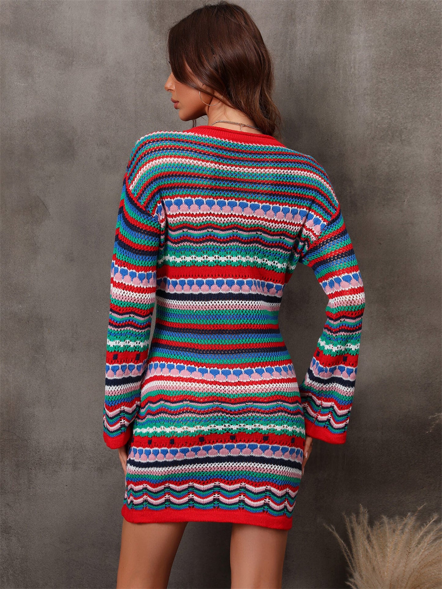 Multicolored Stripe Dropped Shoulder Sweater Dress - Dress - Green - Bella Bourget