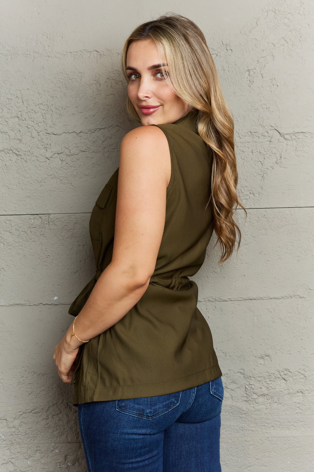 Ninexis Follow The Light Sleeveless Collared Button Down Top - Tank Top - Army Green - Bella Bourget