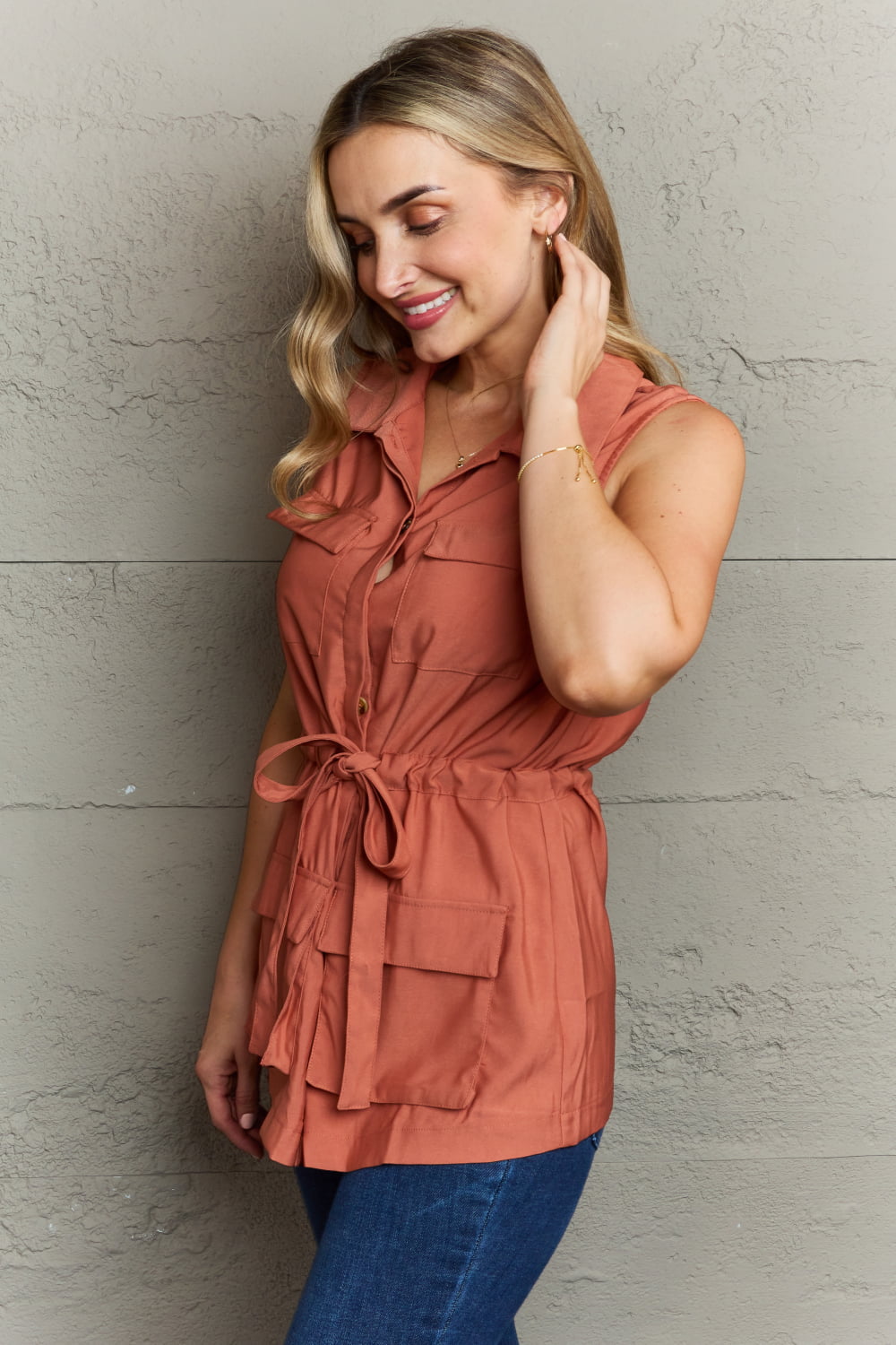 Ninexis Follow The Light Sleeveless Collared Button Down Top - Tank Top - Brick Red - Bella Bourget