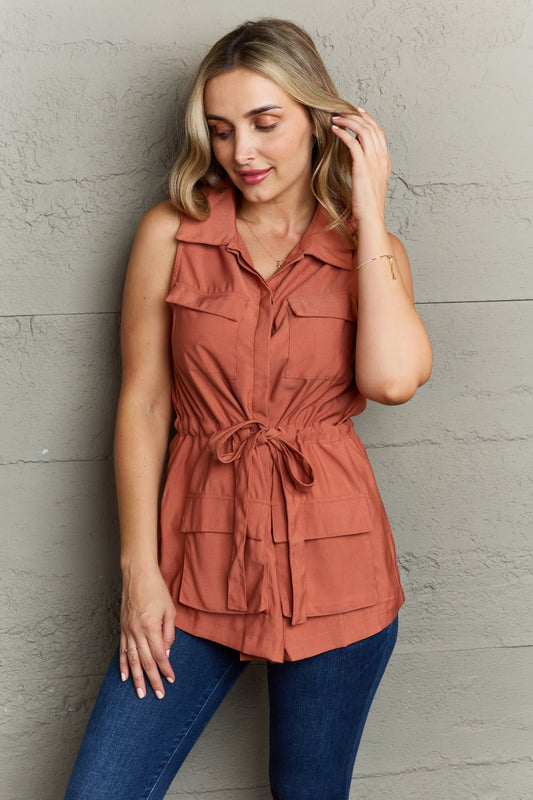 Ninexis Follow The Light Sleeveless Collared Button Down Top - Tank Top - Brick Red - Bella Bourget