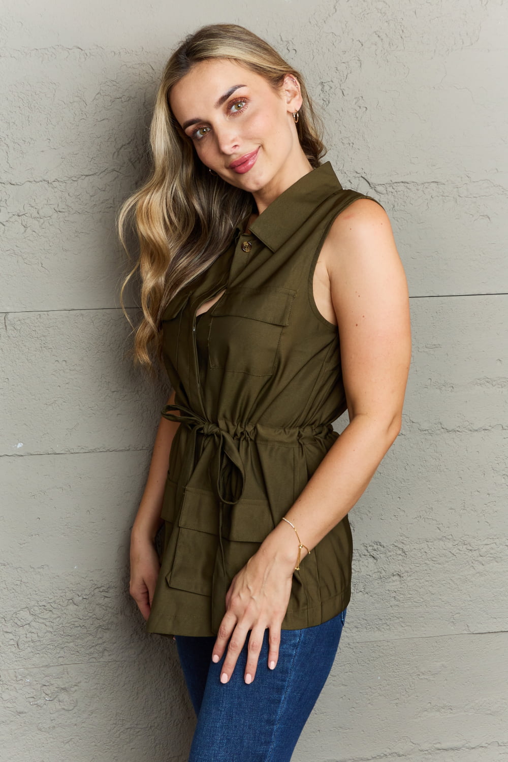 Ninexis Follow The Light Sleeveless Collared Button Down Top - Tank Top - Army Green - Bella Bourget