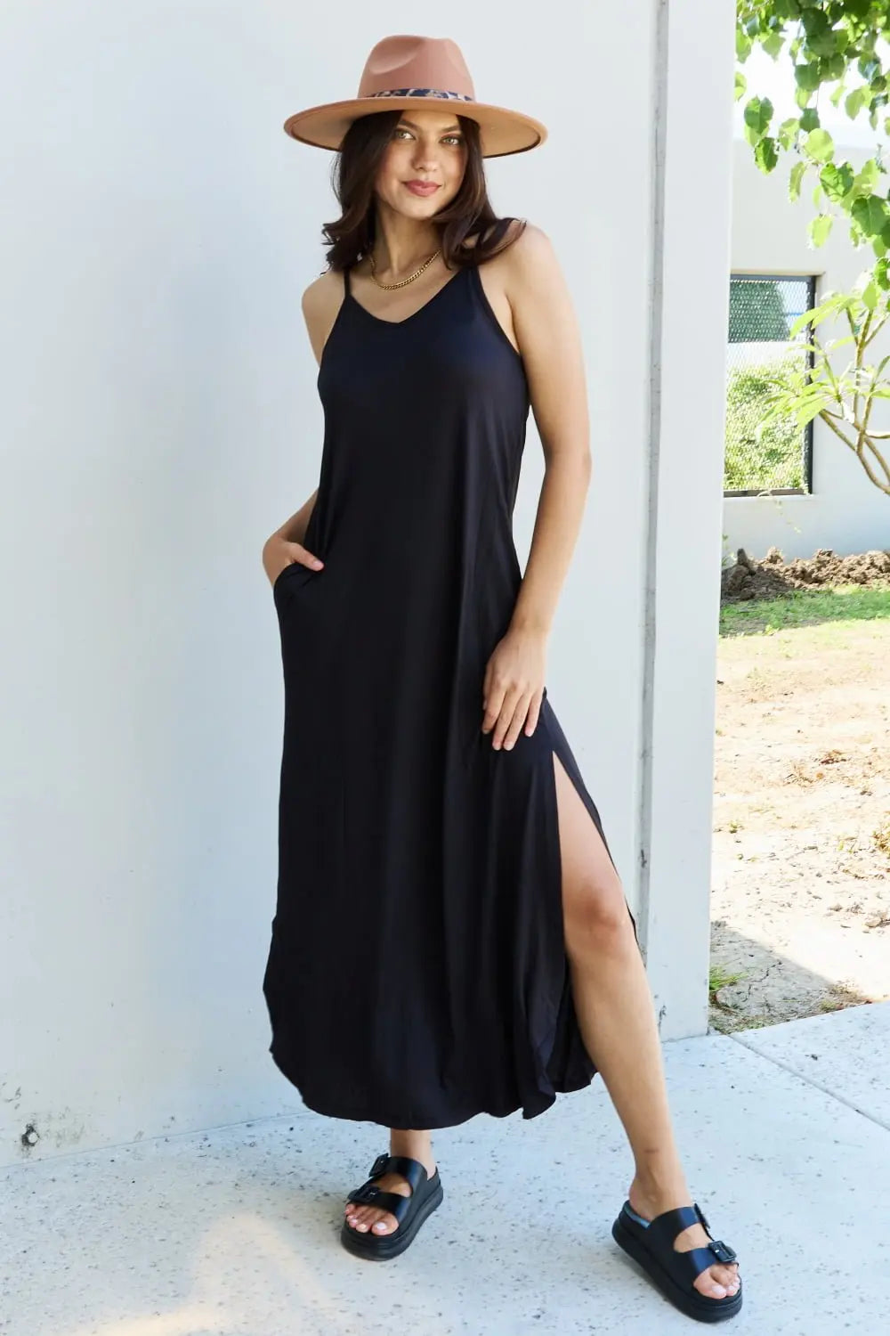 Ninexis Good Energy Full Size Cami Side Slit Maxi Dress in Black - TikTok - Black - Bella Bourget