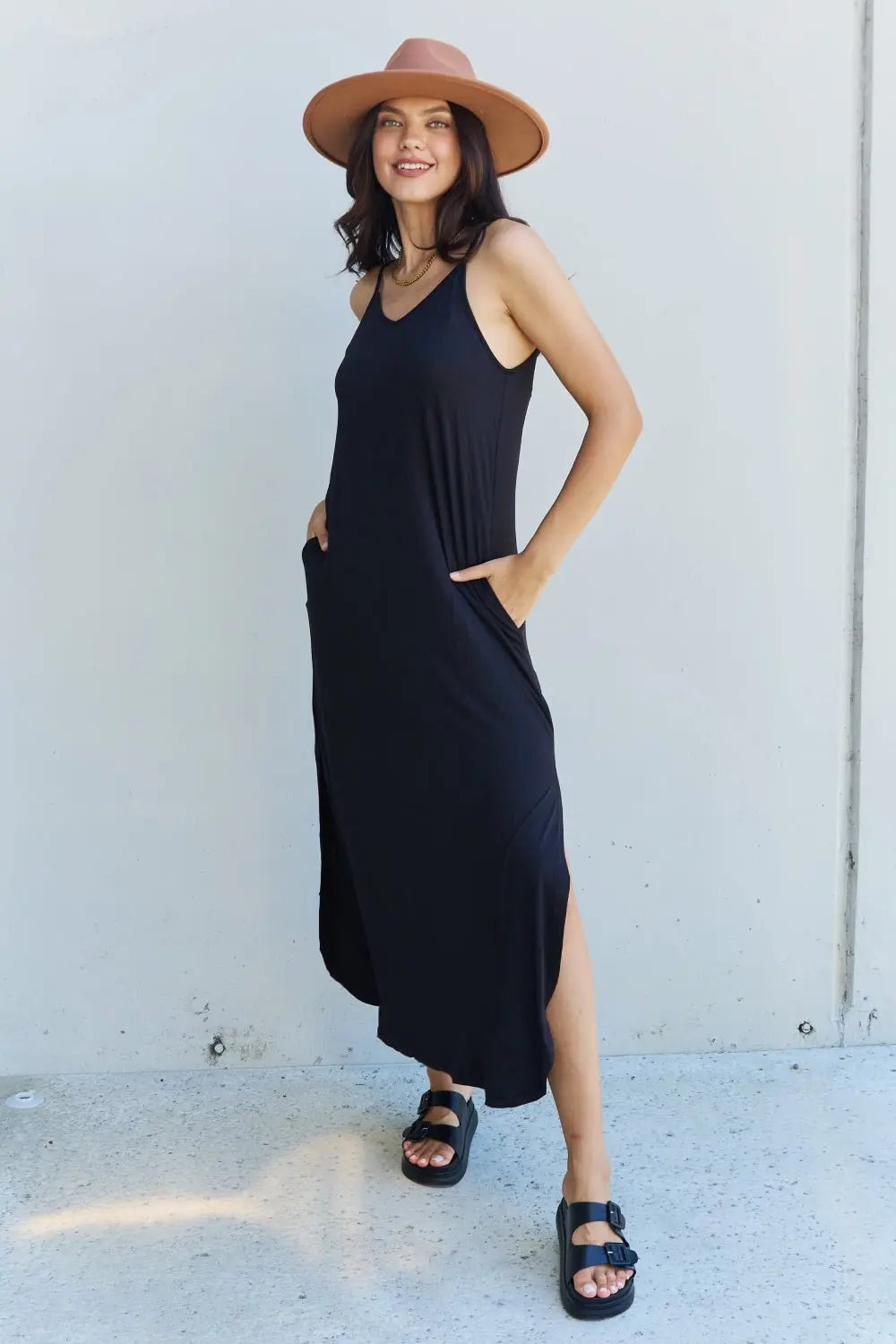 Ninexis Good Energy Full Size Cami Side Slit Maxi Dress in Black - TikTok - Black - Bella Bourget