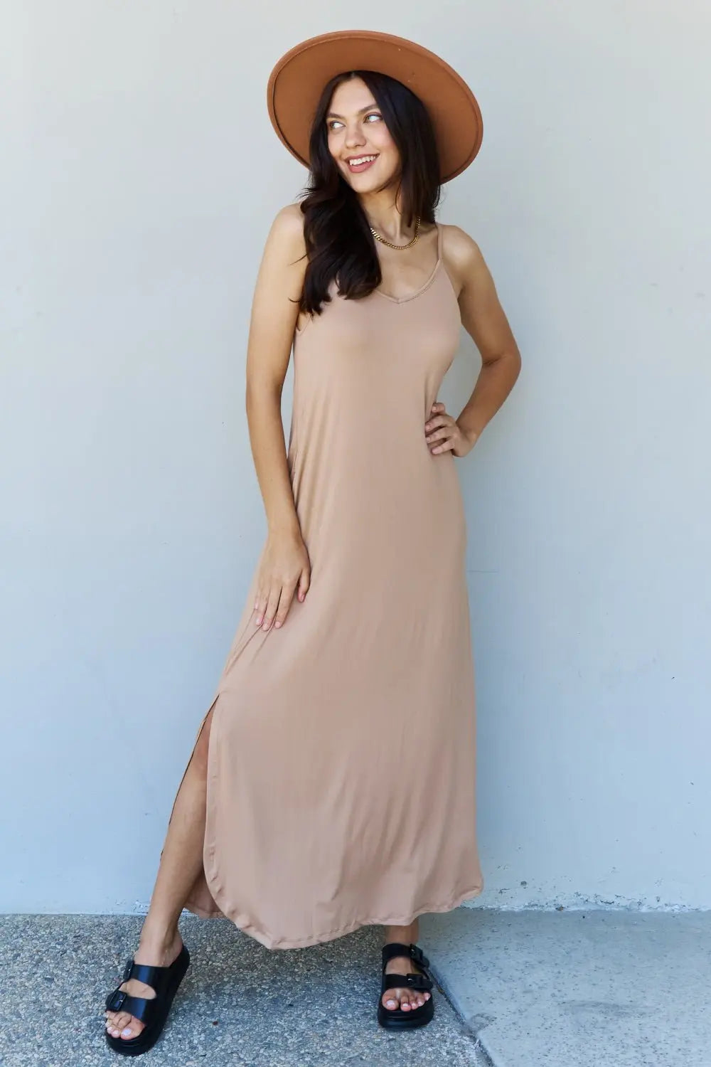 Ninexis Good Energy Full Size Cami Side Slit Maxi Dress in Camel - Dress - Camel - Bella Bourget