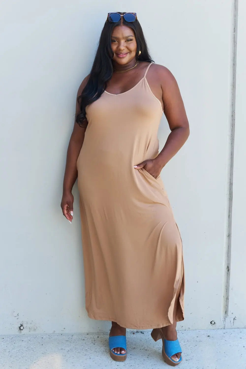 Ninexis Good Energy Full Size Cami Side Slit Maxi Dress in Camel - Dress - Camel - Bella Bourget