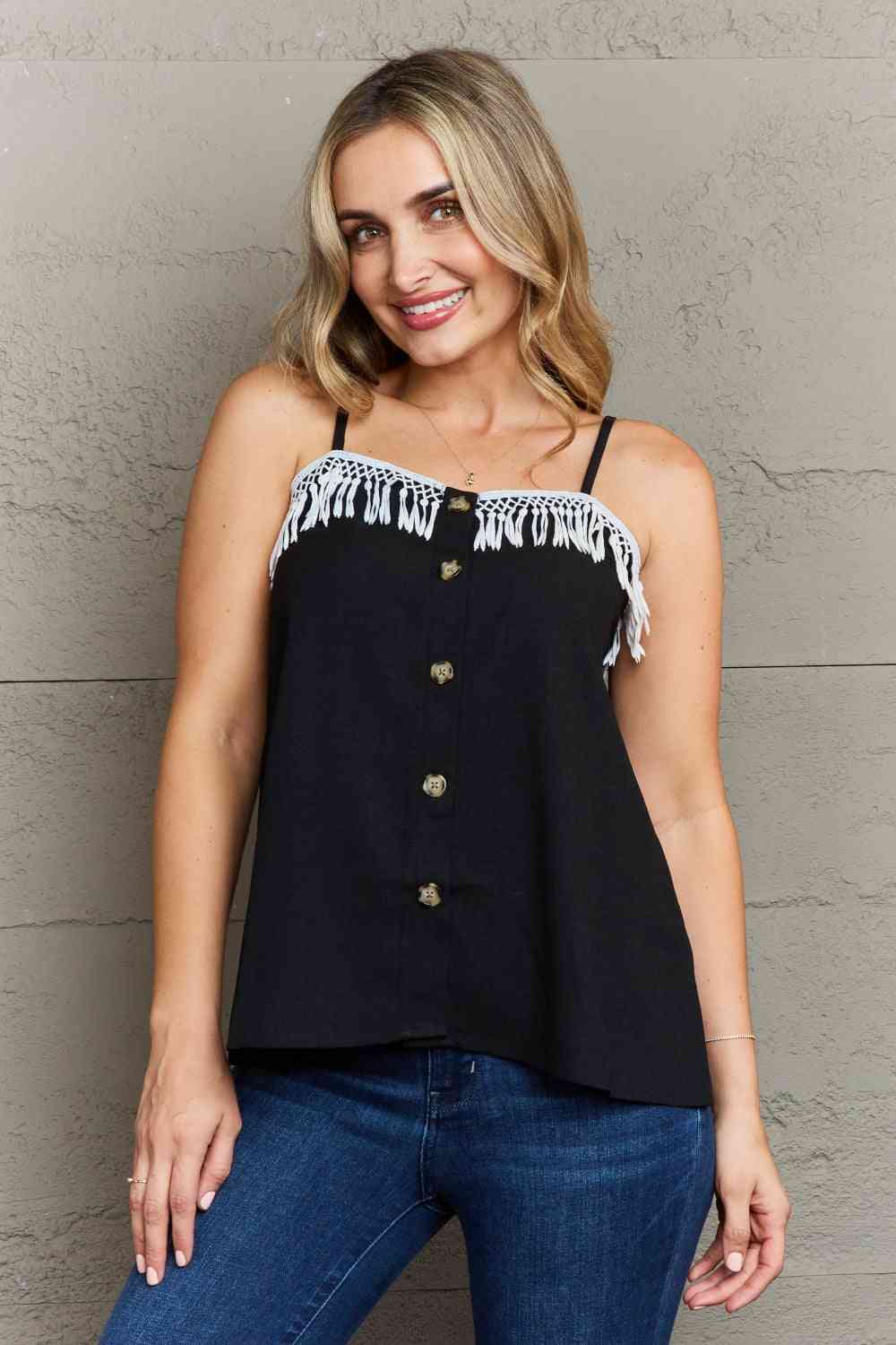 Ninexis It's About Time Lace Detail Loose Cami Top - TikTok - Black - Bella Bourget