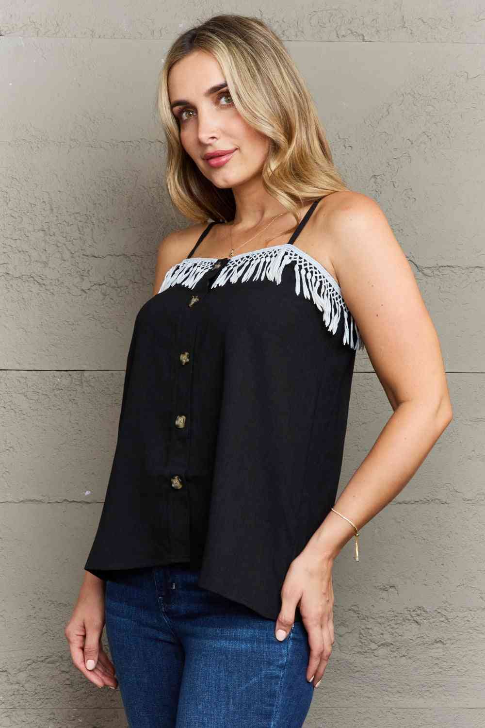 Ninexis It's About Time Lace Detail Loose Cami Top - TikTok - Black - Bella Bourget