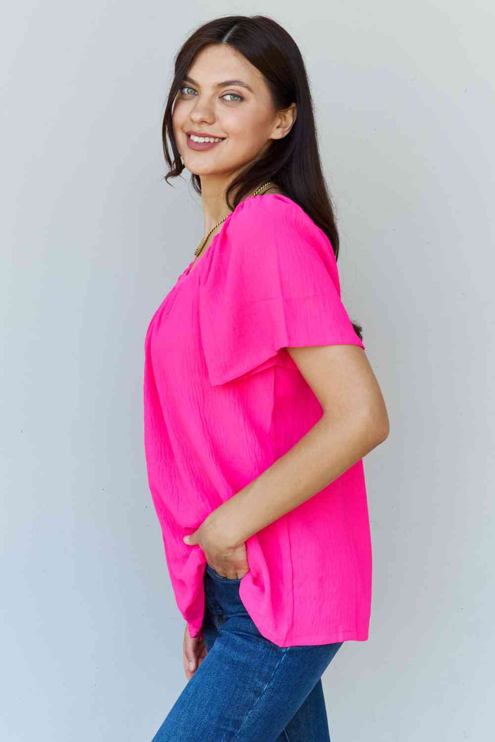 Ninexis Keep Me Close Square Neck Short Sleeve Blouse in Fuchsia - Blouse - Fuchsia - Bella Bourget