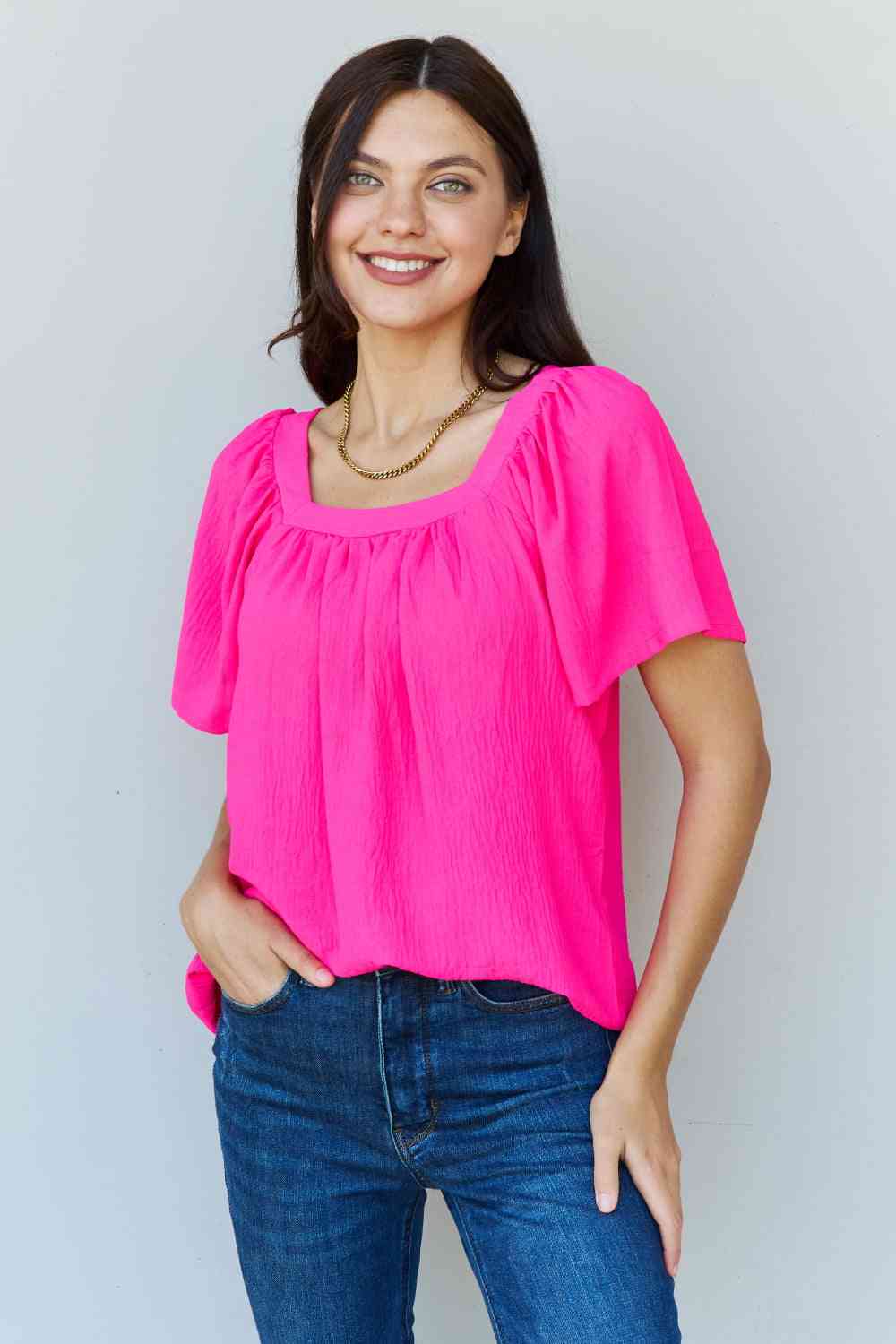 Ninexis Keep Me Close Square Neck Short Sleeve Blouse in Fuchsia - Blouse - Fuchsia - Bella Bourget