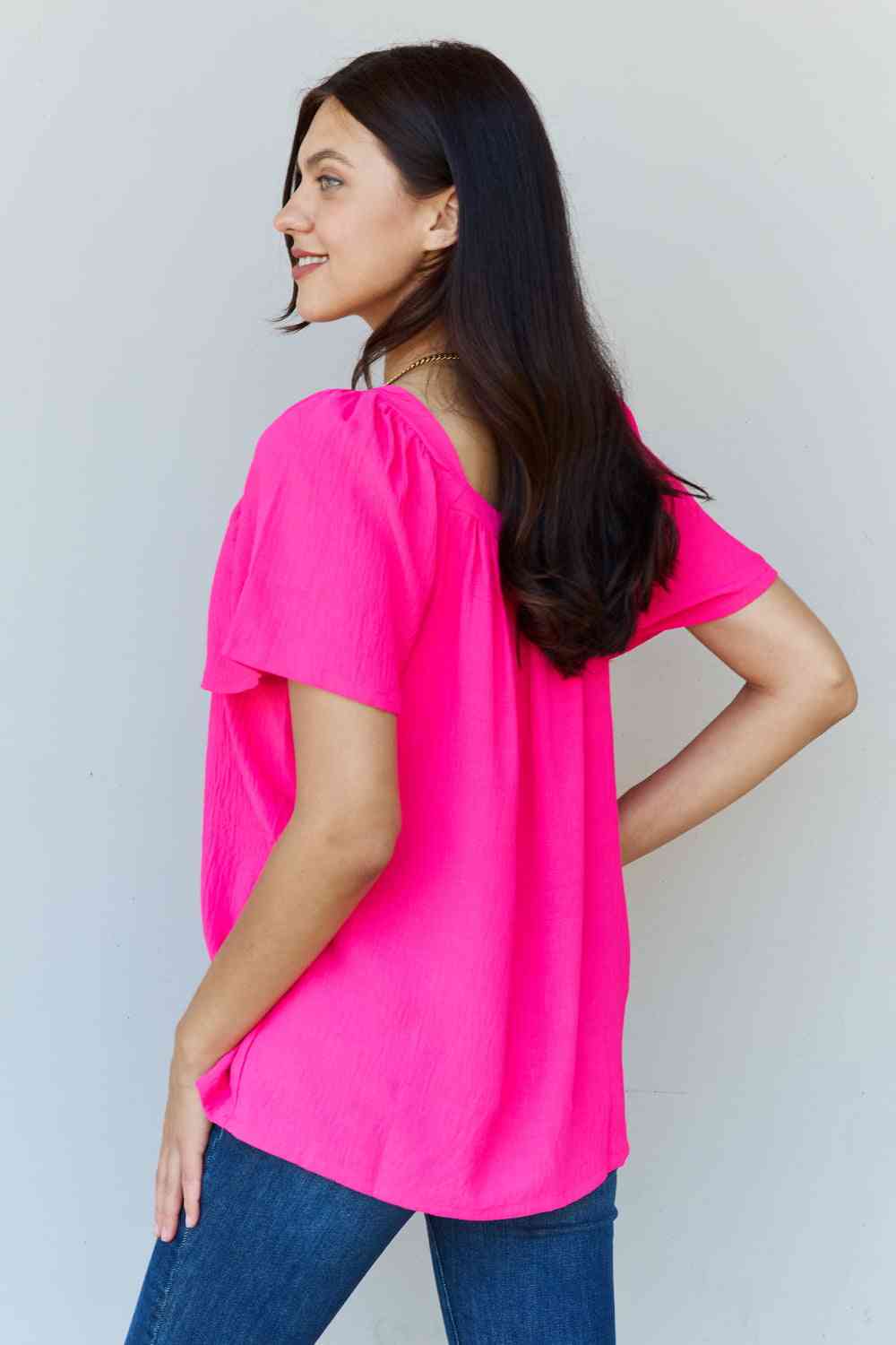 Ninexis Keep Me Close Square Neck Short Sleeve Blouse in Fuchsia - Blouse - Fuchsia - Bella Bourget