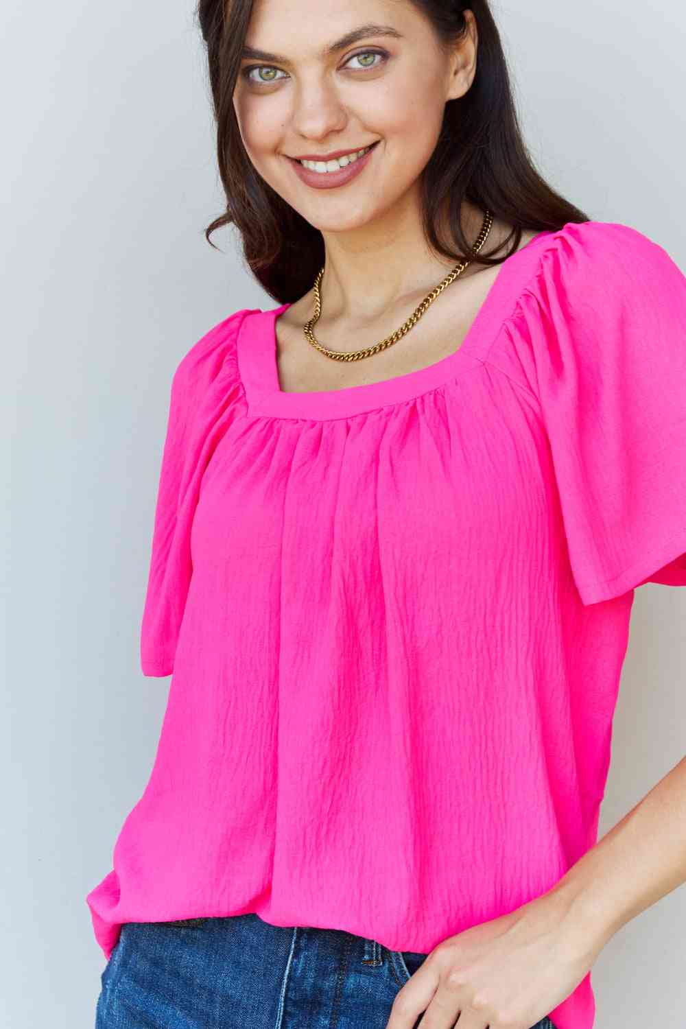 Ninexis Keep Me Close Square Neck Short Sleeve Blouse in Fuchsia - Blouse - Fuchsia - Bella Bourget