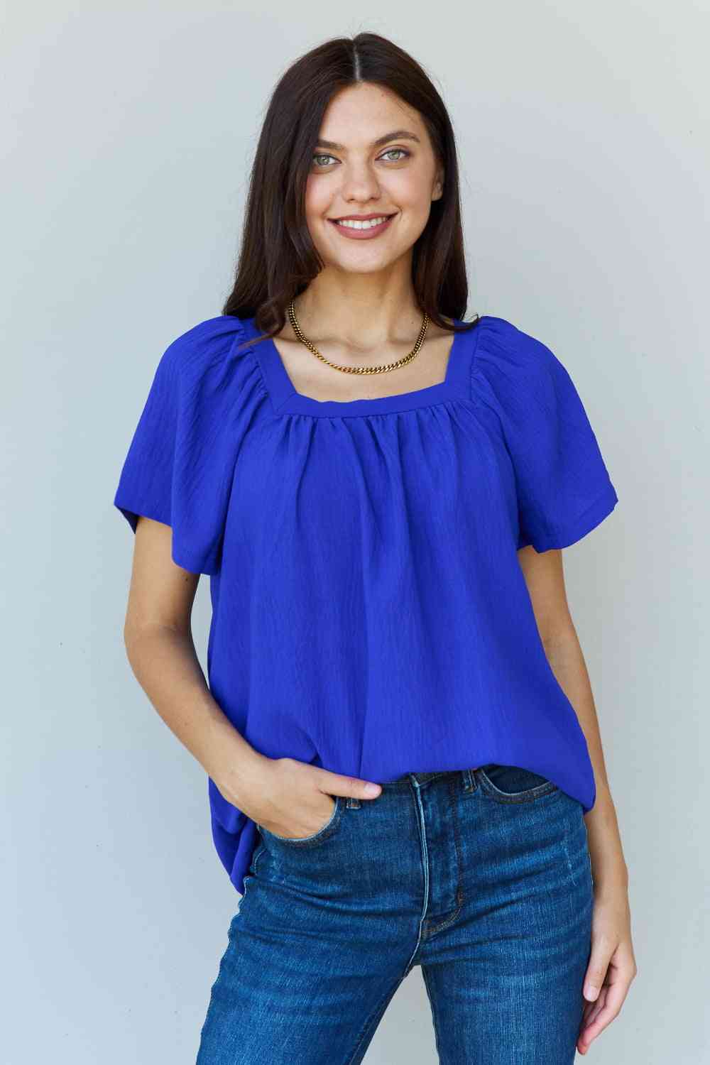 Ninexis Keep Me Close Square Neck Short Sleeve Blouse in Royal - Blouse - Royal - Bella Bourget