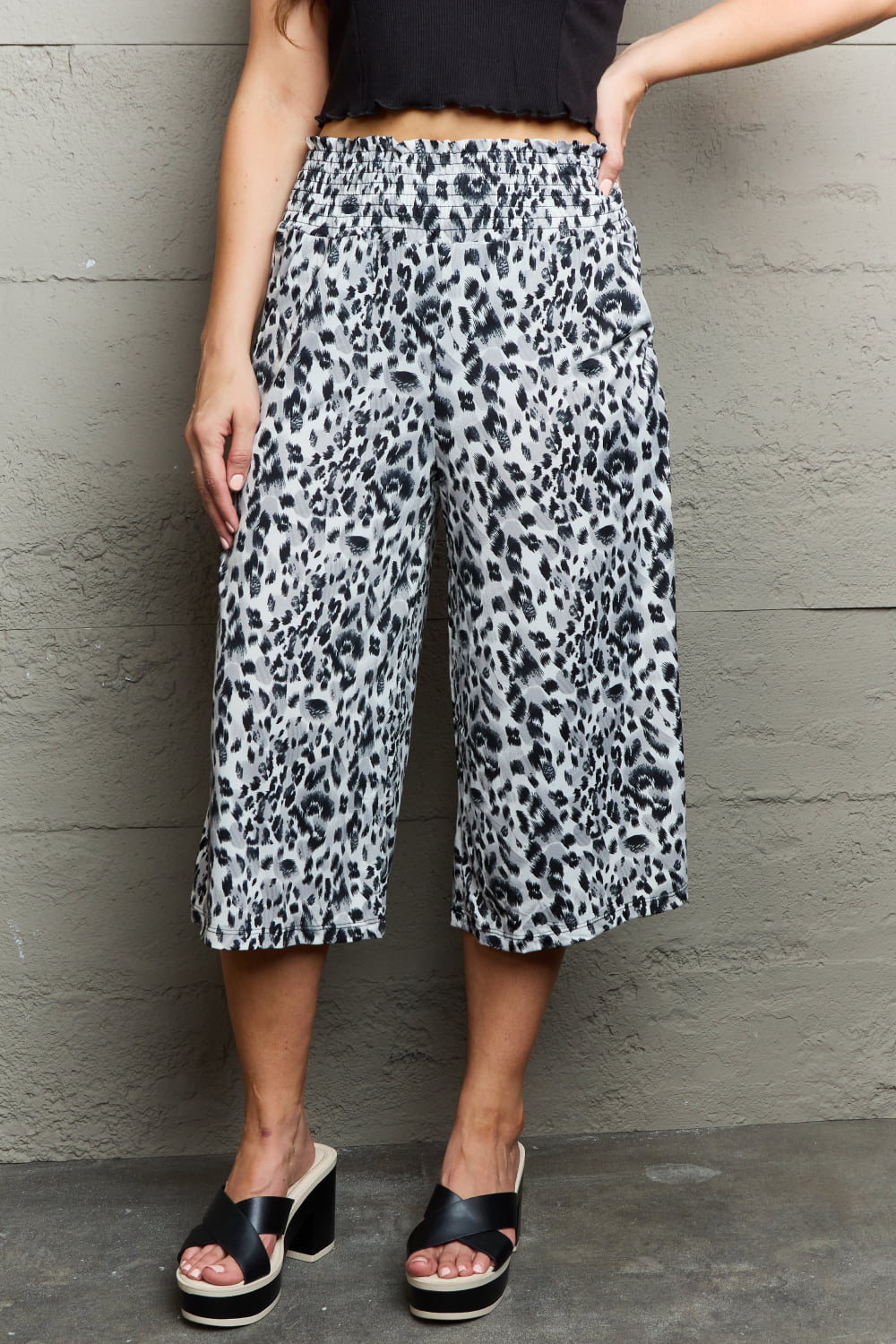 Ninexis Leopard High Waist Flowy Wide Leg Pants with Pockets - Pants - Grey Leopard - Bella Bourget