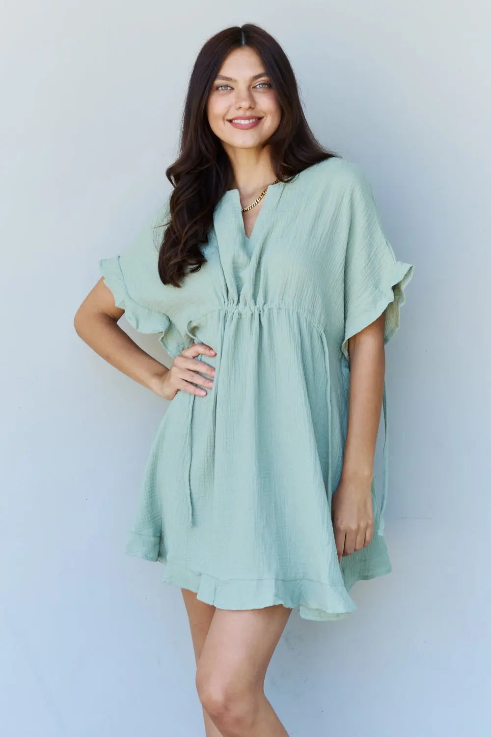 Ninexis Out Of Time Full Size Ruffle Hem Dress with Drawstring Waistband in Light Sage - Dress - Light Sage - Bella Bourget