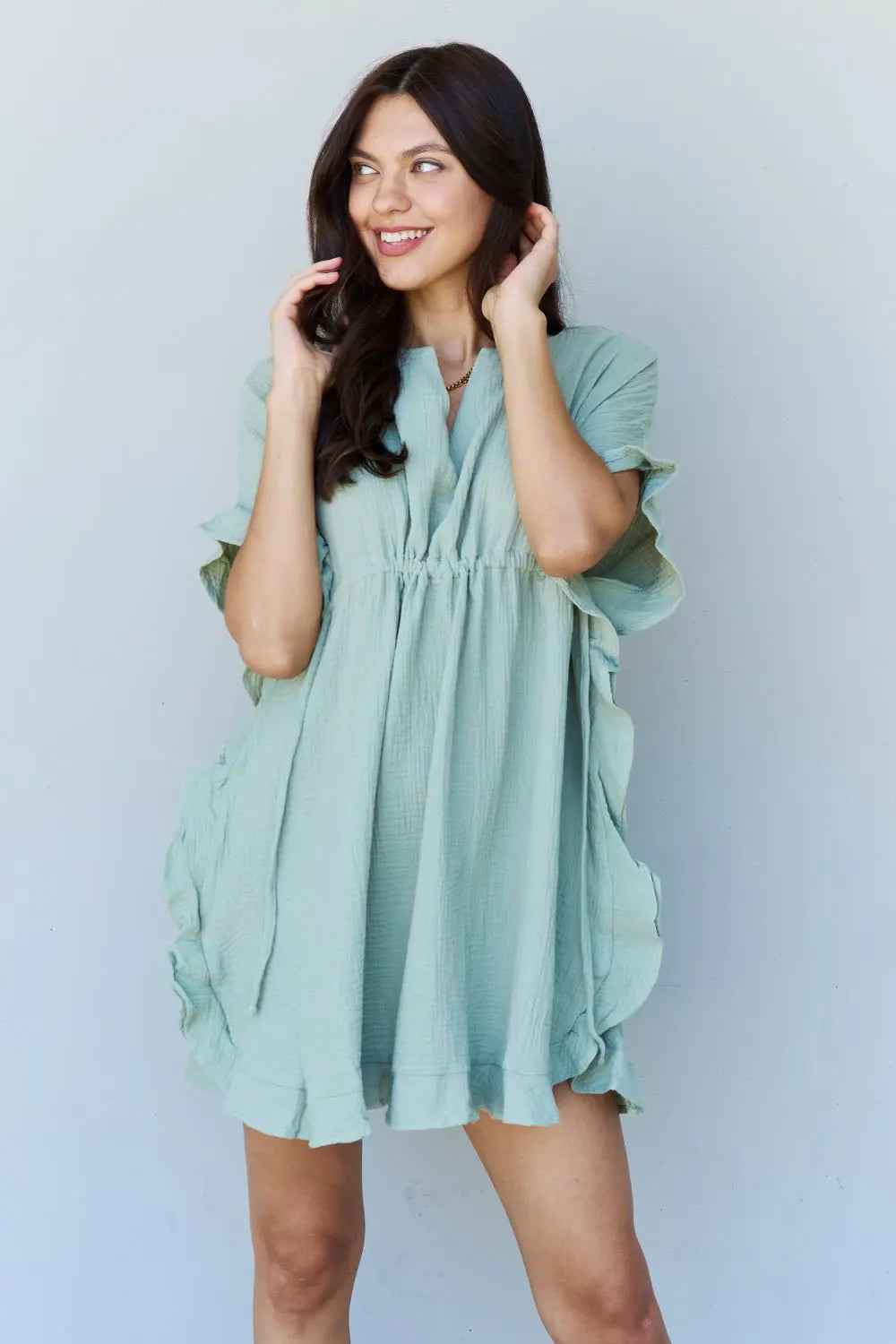 Ninexis Out Of Time Full Size Ruffle Hem Dress with Drawstring Waistband in Light Sage - Dress - Light Sage - Bella Bourget