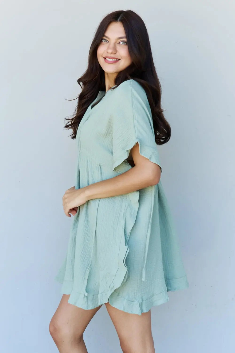 Ninexis Out Of Time Full Size Ruffle Hem Dress with Drawstring Waistband in Light Sage - Dress - Light Sage - Bella Bourget