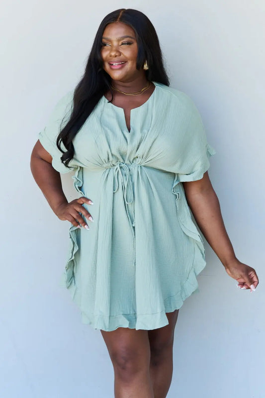 Ninexis Out Of Time Full Size Ruffle Hem Dress with Drawstring Waistband in Light Sage - Dress - Light Sage - Bella Bourget