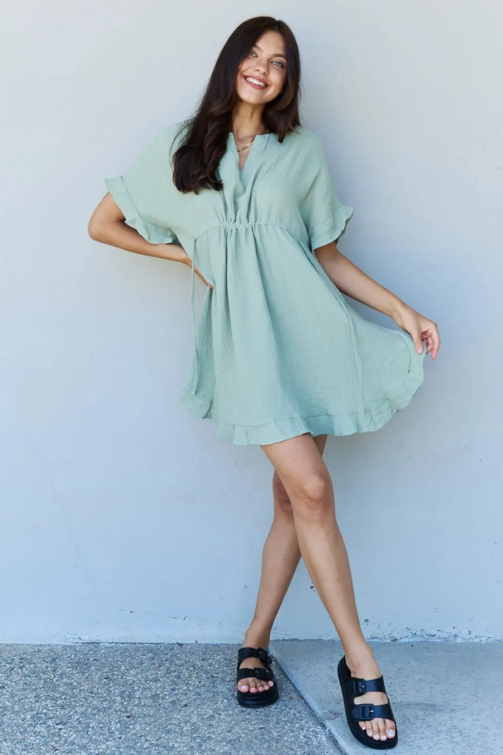 Ninexis Out Of Time Full Size Ruffle Hem Dress with Drawstring Waistband in Light Sage - Dress - Light Sage - Bella Bourget