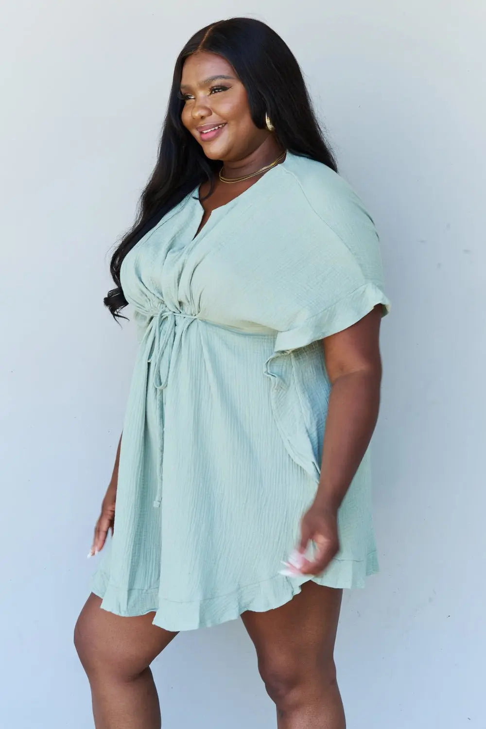 Ninexis Out Of Time Full Size Ruffle Hem Dress with Drawstring Waistband in Light Sage - Dress - Light Sage - Bella Bourget