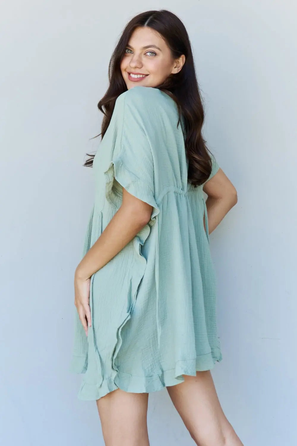 Ninexis Out Of Time Full Size Ruffle Hem Dress with Drawstring Waistband in Light Sage - Dress - Light Sage - Bella Bourget