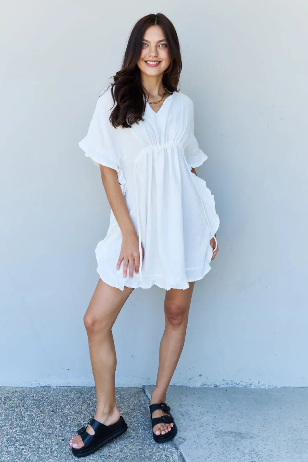 Ninexis Out Of Time Full Size Ruffle Hem Dress with Drawstring Waistband in White - Dress - White - Bella Bourget