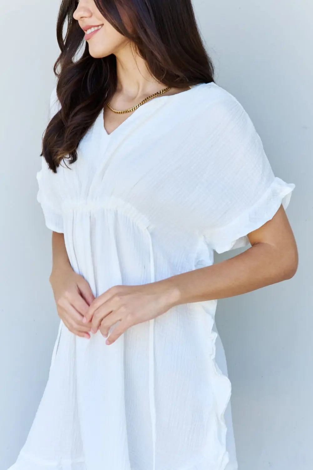 Ninexis Out Of Time Full Size Ruffle Hem Dress with Drawstring Waistband in White - Dress - White - Bella Bourget