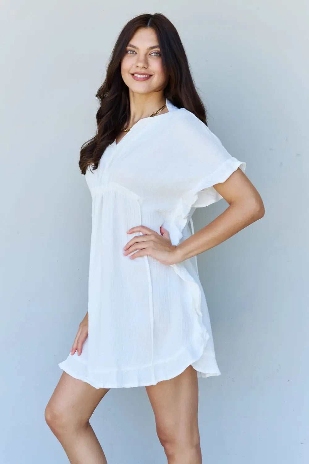 Ninexis Out Of Time Full Size Ruffle Hem Dress with Drawstring Waistband in White - Dress - White - Bella Bourget