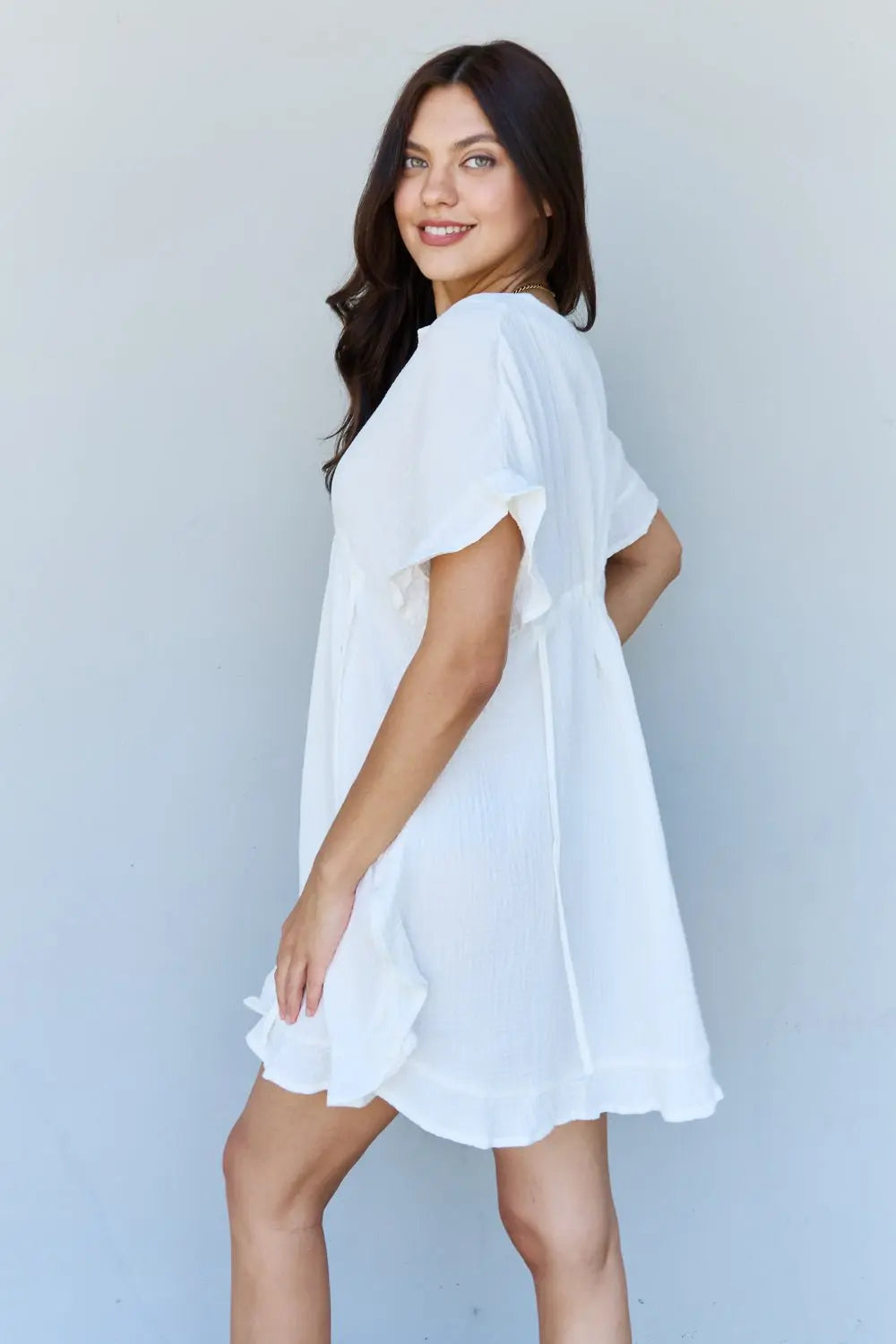 Ninexis Out Of Time Full Size Ruffle Hem Dress with Drawstring Waistband in White - Dress - White - Bella Bourget