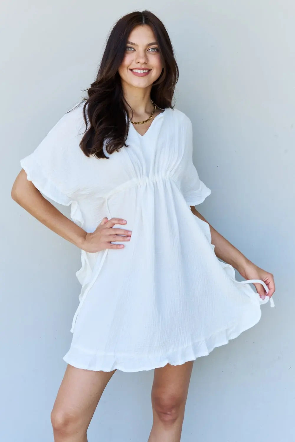 Ninexis Out Of Time Full Size Ruffle Hem Dress with Drawstring Waistband in White - Dress - White - Bella Bourget