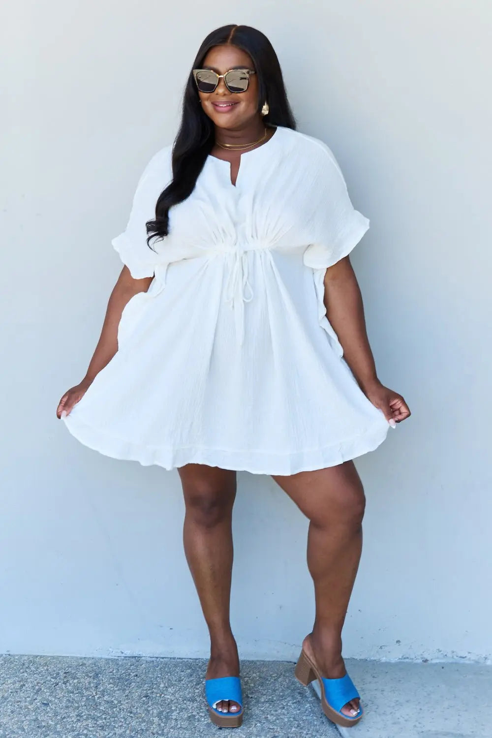 Ninexis Out Of Time Full Size Ruffle Hem Dress with Drawstring Waistband in White - Dress - White - Bella Bourget