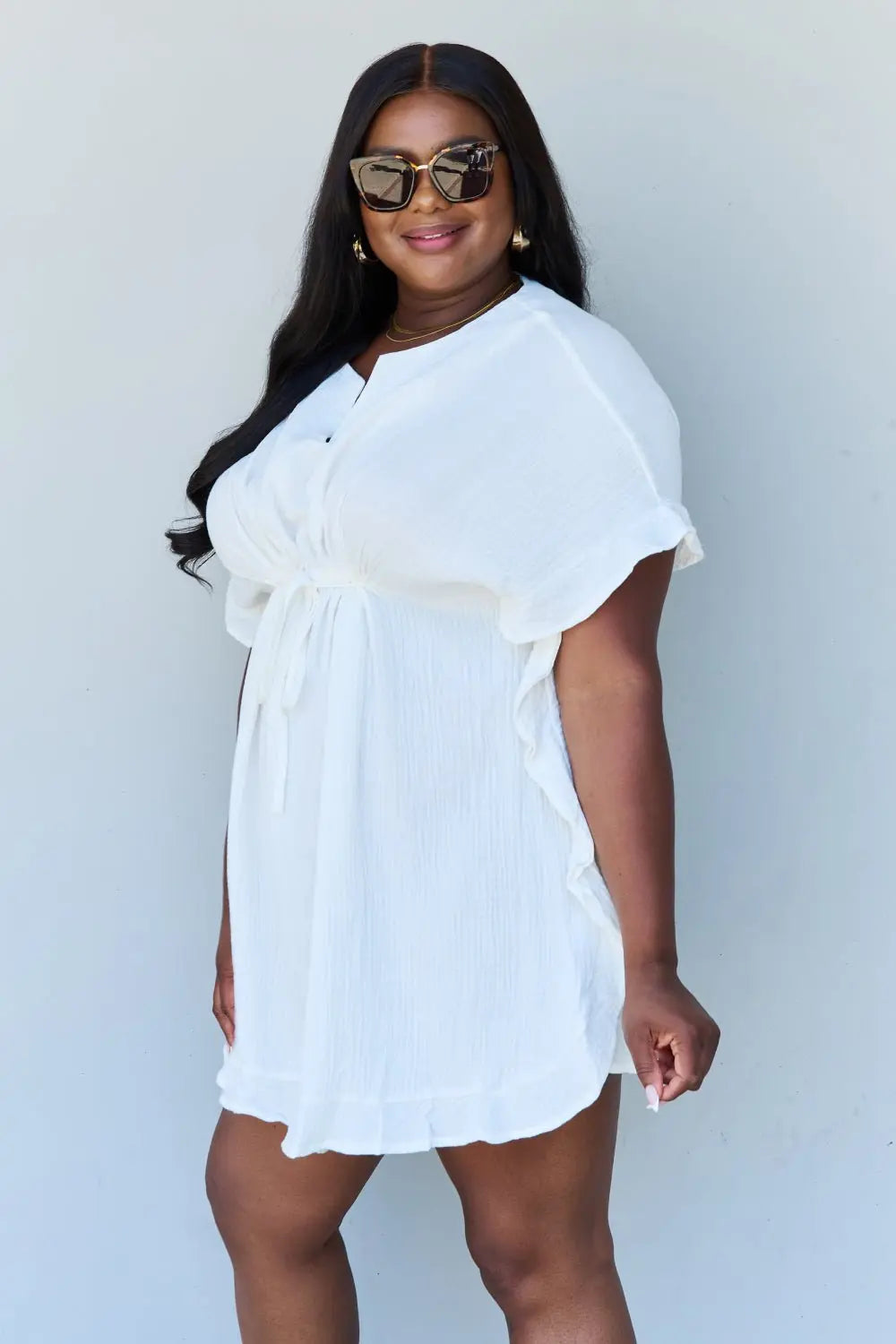 Ninexis Out Of Time Full Size Ruffle Hem Dress with Drawstring Waistband in White - Dress - White - Bella Bourget