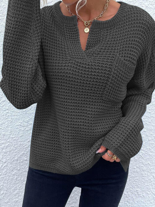 Notched Long Sleeve Sweater - Sweater - Charcoal - Bella Bourget