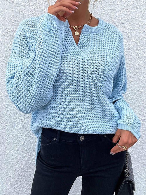 Notched Long Sleeve Sweater - Sweater - Pastel Blue - Bella Bourget