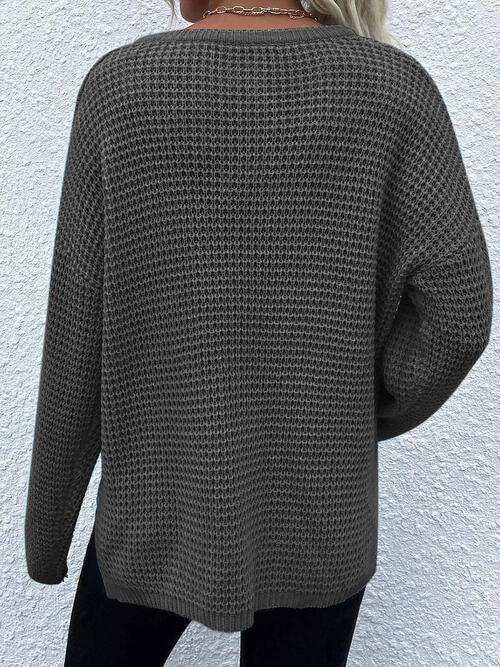 Notched Long Sleeve Sweater - Sweater - Charcoal - Bella Bourget